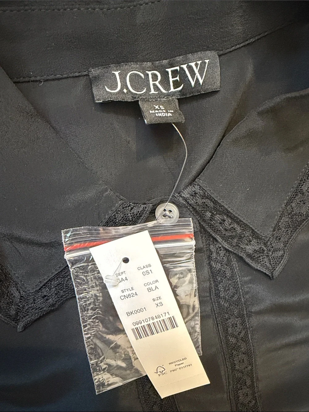J. Crew New Amelia shirt-dress in crepe de chine Black Lace-Trim Dress Size XS